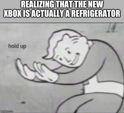 Fallout Hold Up | REALIZING THAT THE NEW XBOX IS ACTUALLY A REFRIGERATOR | image tagged in fallout hold up | made w/ Imgflip meme maker