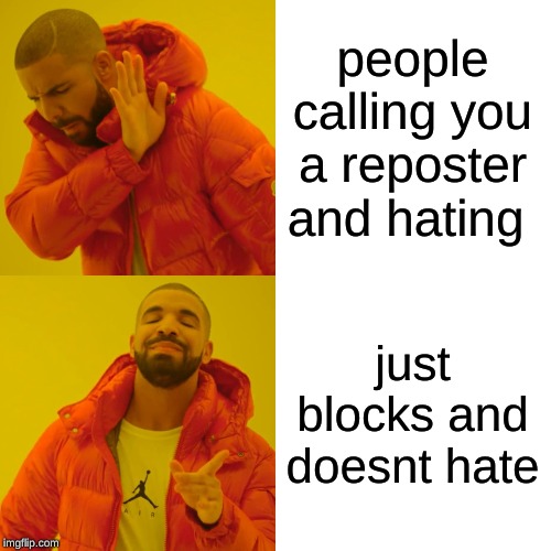Drake Hotline Bling Meme | people calling you a reposter and hating; just blocks and doesnt hate | image tagged in memes,drake hotline bling | made w/ Imgflip meme maker