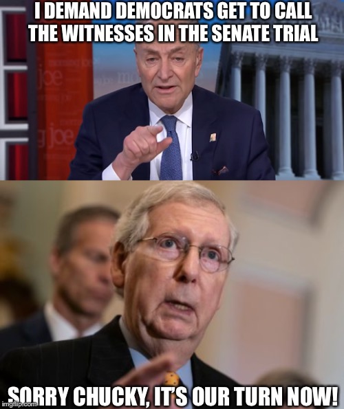 Get bent Demon-rats, we get the last laugh | I DEMAND DEMOCRATS GET TO CALL THE WITNESSES IN THE SENATE TRIAL; SORRY CHUCKY, IT’S OUR TURN NOW! | image tagged in mitch mcconnell,chuck schumer,democrats,trump impeachment | made w/ Imgflip meme maker