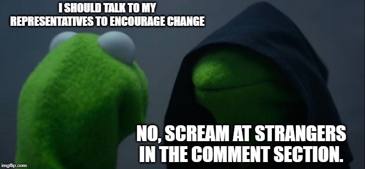 Evil Kermit | I SHOULD TALK TO MY REPRESENTATIVES TO ENCOURAGE CHANGE; NO, SCREAM AT STRANGERS IN THE COMMENT SECTION. | image tagged in memes,evil kermit | made w/ Imgflip meme maker