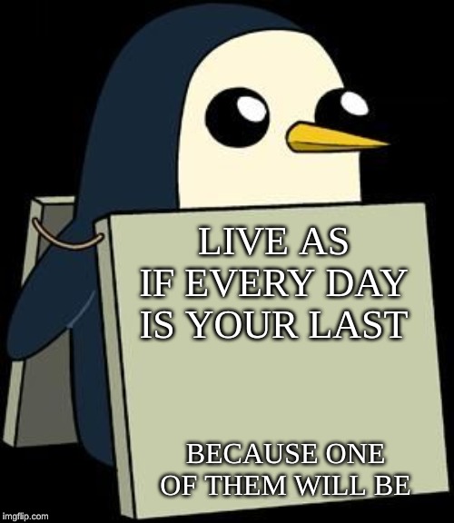 penguin sign | LIVE AS IF EVERY DAY IS YOUR LAST; BECAUSE ONE OF THEM WILL BE | image tagged in penguin sign | made w/ Imgflip meme maker