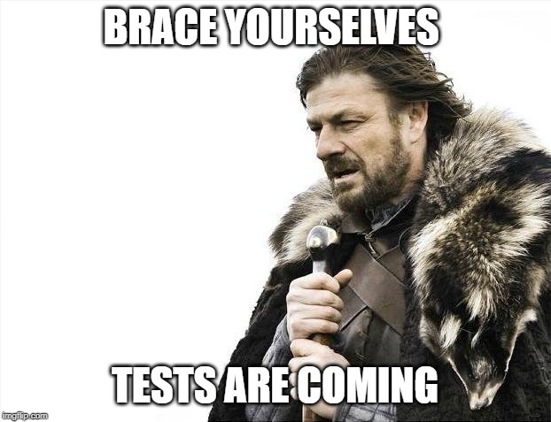 Brace Yourselves X is Coming | BRACE YOURSELVES; TESTS ARE COMING | image tagged in memes,brace yourselves x is coming | made w/ Imgflip meme maker