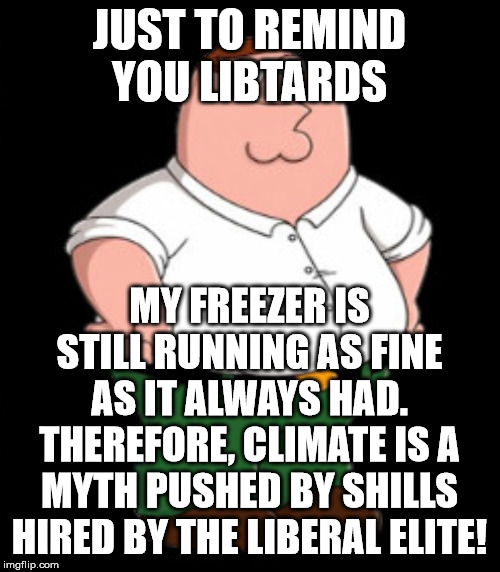 You're being FOOLED, liberals. And only us, the red-pilled, seems to know that. | JUST TO REMIND YOU LIBTARDS; MY FREEZER IS STILL RUNNING AS FINE AS IT ALWAYS HAD. THEREFORE, CLIMATE IS A MYTH PUSHED BY SHILLS HIRED BY THE LIBERAL ELITE! | image tagged in smiling peter griffin,memes,peter griffin,libtards,climate change,stupid liberals | made w/ Imgflip meme maker