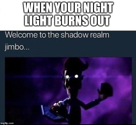 Welcome to the Shadow Realm Jimbo | WHEN YOUR NIGHT LIGHT BURNS OUT | image tagged in welcome to the shadow realm jimbo | made w/ Imgflip meme maker