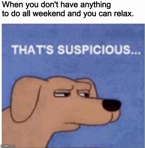 That's Suspicious | When you don't have anything to do all weekend and you can relax. | image tagged in that's suspicious | made w/ Imgflip meme maker