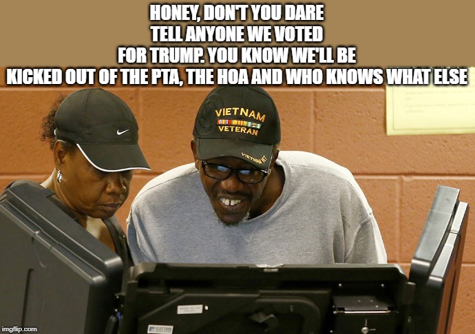 HONEY, DON'T YOU DARE TELL ANYONE WE VOTED FOR TRUMP. YOU KNOW WE'LL BE KICKED OUT OF THE PTA, THE HOA AND WHO KNOWS WHAT ELSE | made w/ Imgflip meme maker