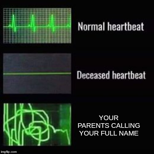heartbeat rate | YOUR PARENTS CALLING YOUR FULL NAME | image tagged in heartbeat rate | made w/ Imgflip meme maker