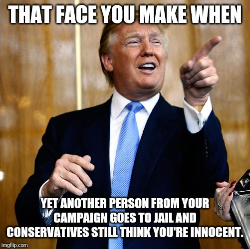 Donal Trump Birthday | THAT FACE YOU MAKE WHEN; YET ANOTHER PERSON FROM YOUR CAMPAIGN GOES TO JAIL AND CONSERVATIVES STILL THINK YOU'RE INNOCENT. | image tagged in donal trump birthday | made w/ Imgflip meme maker