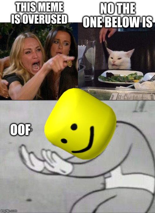 NO THE ONE BELOW IS; THIS MEME IS OVERUSED; OOF | image tagged in fallout hold up,memes,woman yelling at cat | made w/ Imgflip meme maker