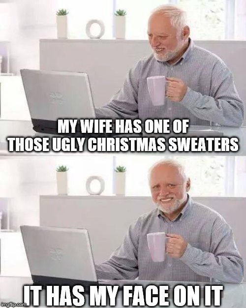 Ouch. |  MY WIFE HAS ONE OF THOSE UGLY CHRISTMAS SWEATERS; IT HAS MY FACE ON IT | image tagged in memes,hide the pain harold,christmas,christmas sweater,ugly,ouch | made w/ Imgflip meme maker