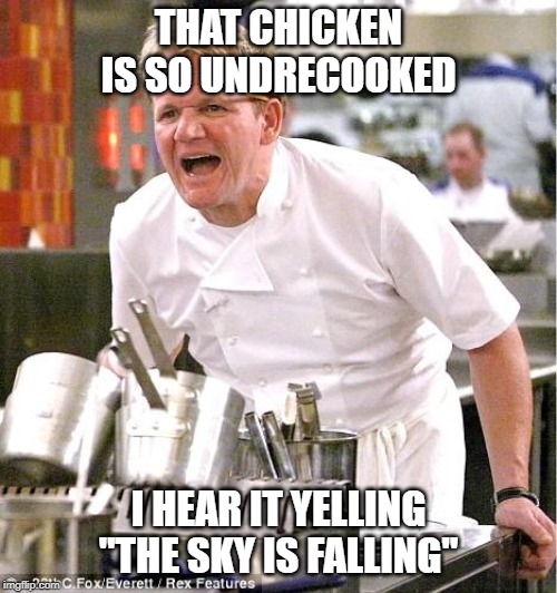 Chef Gordon Ramsay | THAT CHICKEN IS SO UNDRECOOKED; I HEAR IT YELLING "THE SKY IS FALLING" | image tagged in memes,chef gordon ramsay | made w/ Imgflip meme maker