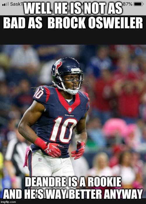 Deandre hopkins | WELL HE IS NOT AS BAD AS  BROCK OSWEILER; DEANDRE IS A ROOKIE AND HE'S WAY BETTER ANYWAY | image tagged in deandre hopkins | made w/ Imgflip meme maker