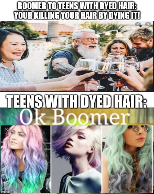 Ok Boomer | BOOMER TO TEENS WITH DYED HAIR: YOUR KILLING YOUR HAIR BY DYING IT! TEENS WITH DYED HAIR: | image tagged in ok boomer | made w/ Imgflip meme maker