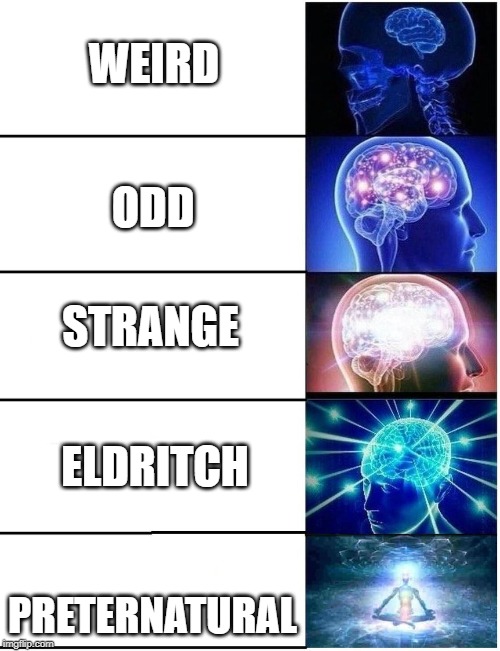 Expanding Brain 5 Panel | WEIRD; ODD; STRANGE; ELDRITCH; PRETERNATURAL | image tagged in expanding brain 5 panel | made w/ Imgflip meme maker