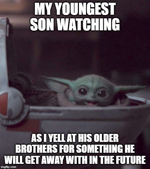 Woman screaming at Baby Yoda | MY YOUNGEST SON WATCHING; AS I YELL AT HIS OLDER BROTHERS FOR SOMETHING HE WILL GET AWAY WITH IN THE FUTURE | image tagged in woman screaming at baby yoda | made w/ Imgflip meme maker