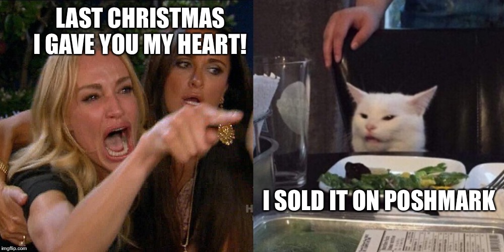 Woman yelling at cat | LAST CHRISTMAS I GAVE YOU MY HEART! I SOLD IT ON POSHMARK | image tagged in woman yelling at cat | made w/ Imgflip meme maker