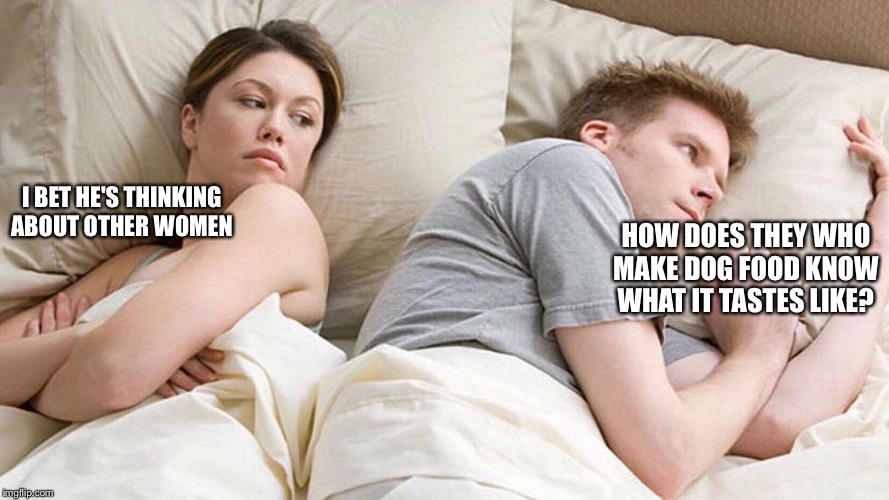 I Bet He's Thinking About Other Women | HOW DOES THEY WHO MAKE DOG FOOD KNOW WHAT IT TASTES LIKE? I BET HE'S THINKING ABOUT OTHER WOMEN | image tagged in i bet he's thinking about other women | made w/ Imgflip meme maker