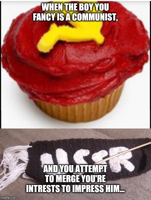 WHEN THE BOY YOU FANCY IS A COMMUNIST, AND YOU ATTEMPT TO MERGE YOU'RE INTRESTS TO IMPRESS HIM... | image tagged in russia,crush,communism,cupcakes,knitting | made w/ Imgflip meme maker