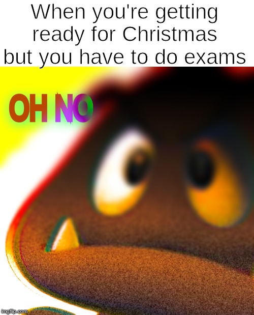 OH NO | When you're getting ready for Christmas but you have to do exams | image tagged in blank white template,oh no,memes,funny,goomba | made w/ Imgflip meme maker