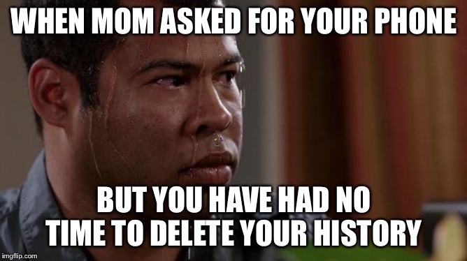 sweating bullets | WHEN MOM ASKED FOR YOUR PHONE; BUT YOU HAVE HAD NO TIME TO DELETE YOUR HISTORY | image tagged in sweating bullets | made w/ Imgflip meme maker
