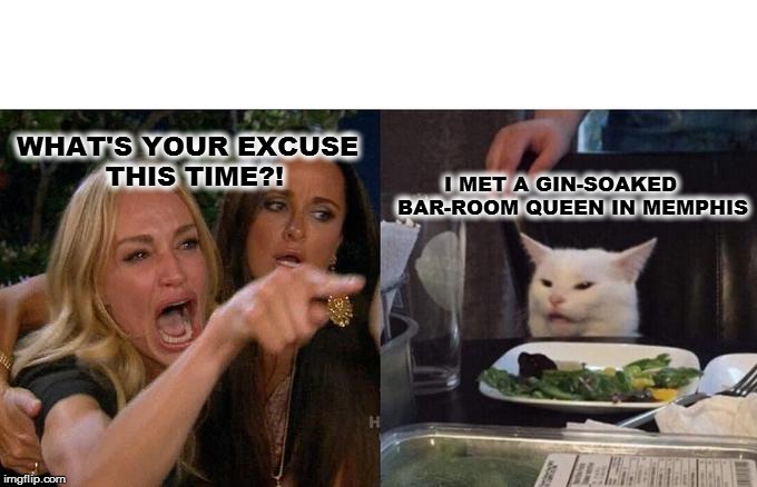 Woman Yelling At Cat | WHAT'S YOUR EXCUSE 
          THIS TIME?! I MET A GIN-SOAKED 
BAR-ROOM QUEEN IN MEMPHIS | image tagged in memes,woman yelling at cat | made w/ Imgflip meme maker