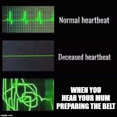 heartbeat rate |  WHEN YOU HEAR YOUR MUM PREPARING THE BELT | image tagged in heartbeat rate | made w/ Imgflip meme maker