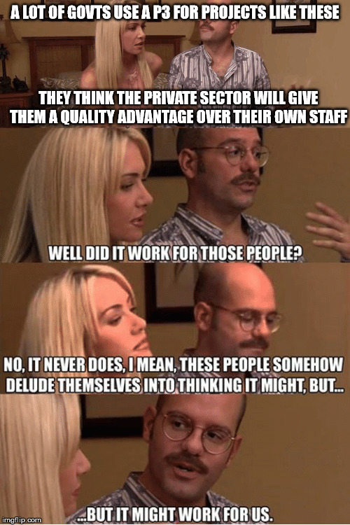 But It Might Work For Us | A LOT OF GOVTS USE A P3 FOR PROJECTS LIKE THESE; THEY THINK THE PRIVATE SECTOR WILL GIVE THEM A QUALITY ADVANTAGE OVER THEIR OWN STAFF | image tagged in but it might work for us | made w/ Imgflip meme maker