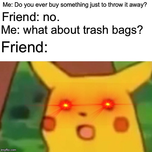 Trash | Me: Do you ever buy something just to throw it away? Friend: no. Me: what about trash bags? Friend: | image tagged in memes,surprised pikachu | made w/ Imgflip meme maker