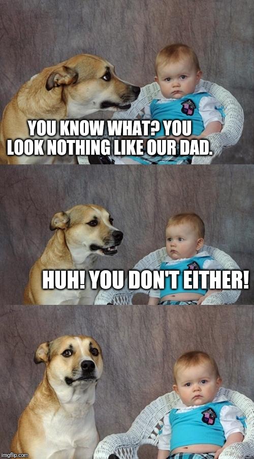 Dad Joke Dog Meme | YOU KNOW WHAT? YOU LOOK NOTHING LIKE OUR DAD. HUH! YOU DON'T EITHER! | image tagged in memes,dad joke dog | made w/ Imgflip meme maker