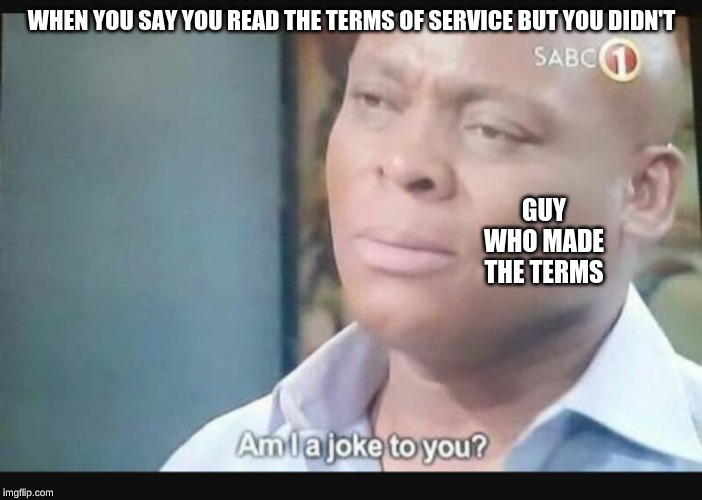 Am I a joke to you? | WHEN YOU SAY YOU READ THE TERMS OF SERVICE BUT YOU DIDN'T; GUY WHO MADE THE TERMS | image tagged in am i a joke to you | made w/ Imgflip meme maker