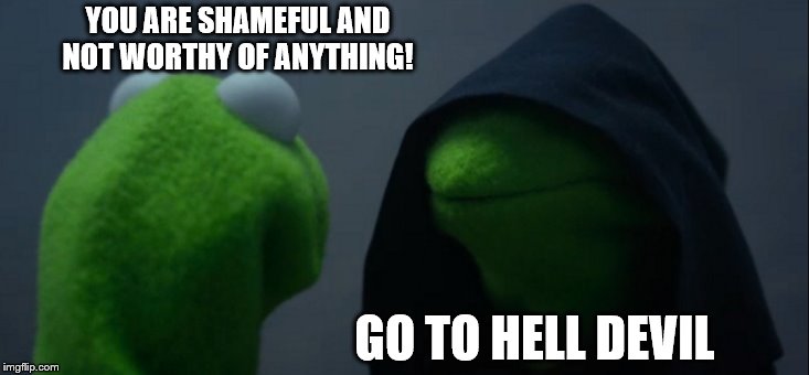Evil Kermit | YOU ARE SHAMEFUL AND NOT WORTHY OF ANYTHING! GO TO HELL DEVIL | image tagged in memes,evil kermit | made w/ Imgflip meme maker