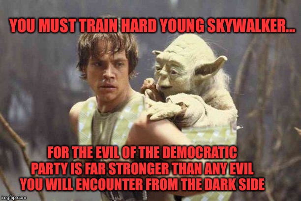 yoda meme | YOU MUST TRAIN HARD YOUNG SKYWALKER... FOR THE EVIL OF THE DEMOCRATIC PARTY IS FAR STRONGER THAN ANY EVIL YOU WILL ENCOUNTER FROM THE DARK SIDE | image tagged in yoda meme | made w/ Imgflip meme maker