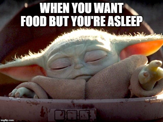 Baby Yoda | WHEN YOU WANT FOOD BUT YOU'RE ASLEEP | image tagged in baby yoda | made w/ Imgflip meme maker