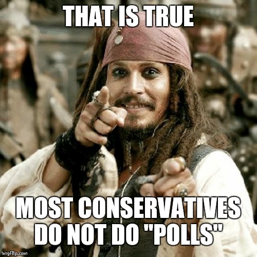 POINT JACK | THAT IS TRUE MOST CONSERVATIVES DO NOT DO "POLLS" | image tagged in point jack | made w/ Imgflip meme maker