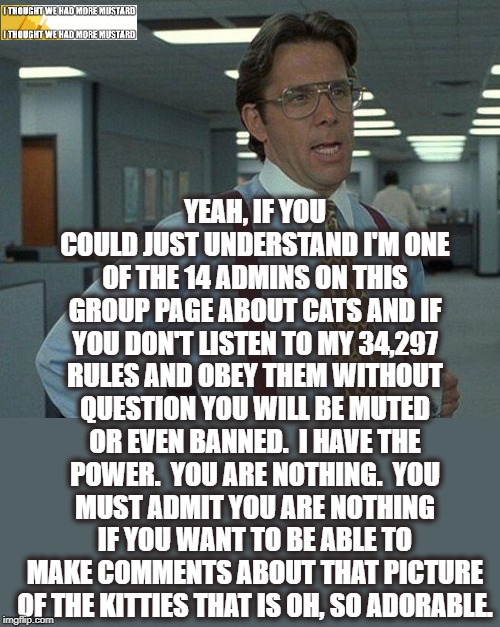 Admins Are Gods | YEAH, IF YOU COULD JUST UNDERSTAND I'M ONE OF THE 14 ADMINS ON THIS GROUP PAGE ABOUT CATS AND IF YOU DON'T LISTEN TO MY 34,297 RULES AND OBEY THEM WITHOUT QUESTION YOU WILL BE MUTED OR EVEN BANNED.  I HAVE THE POWER.  YOU ARE NOTHING.  YOU MUST ADMIT YOU ARE NOTHING IF YOU WANT TO BE ABLE TO MAKE COMMENTS ABOUT THAT PICTURE OF THE KITTIES THAT IS OH, SO ADORABLE. | image tagged in yeah if you could | made w/ Imgflip meme maker