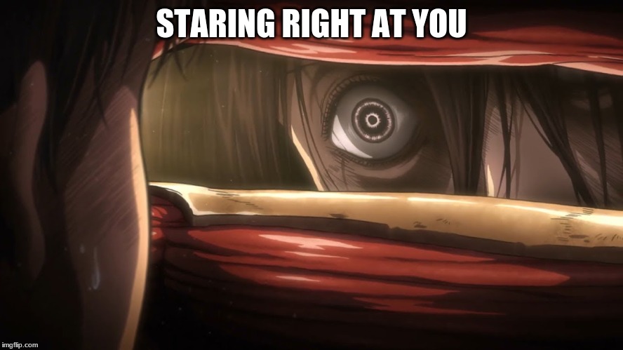 Mikasa Creepy Stare | STARING RIGHT AT YOU | image tagged in mikasa creepy stare | made w/ Imgflip meme maker