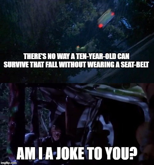 THERE'S NO WAY A TEN-YEAR-OLD CAN SURVIVE THAT FALL WITHOUT WEARING A SEAT-BELT; AM I A JOKE TO YOU? | made w/ Imgflip meme maker