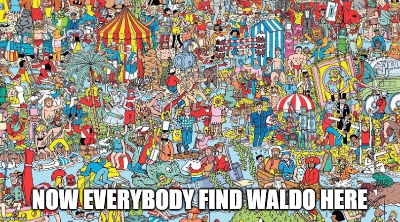where's waldo | NOW EVERYBODY FIND WALDO HERE | image tagged in where's waldo | made w/ Imgflip meme maker