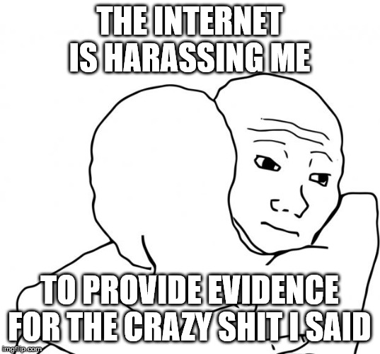 I Know That Feel Bro Meme | THE INTERNET IS HARASSING ME; TO PROVIDE EVIDENCE FOR THE CRAZY SHIT I SAID | image tagged in memes,i know that feel bro | made w/ Imgflip meme maker