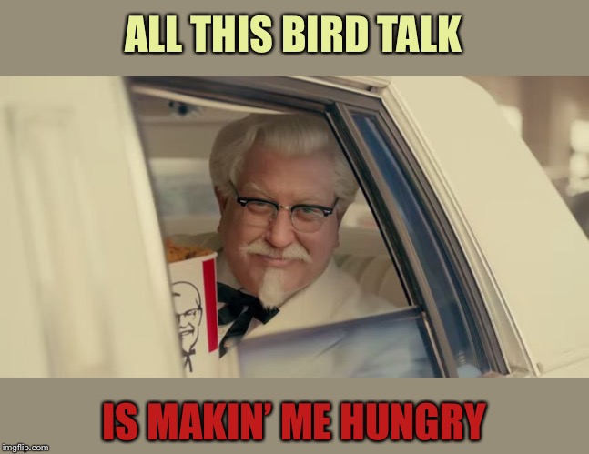 kfc | ALL THIS BIRD TALK IS MAKIN’ ME HUNGRY | image tagged in kfc | made w/ Imgflip meme maker