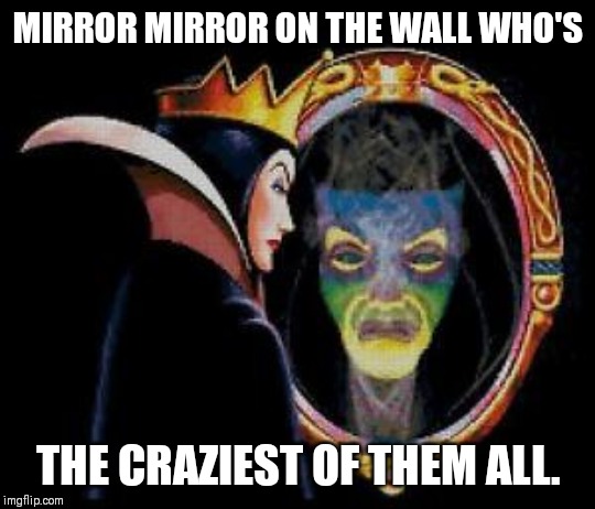 Mirror mirror on the wall | MIRROR MIRROR ON THE WALL WHO'S; THE CRAZIEST OF THEM ALL. | image tagged in mirror mirror on the wall | made w/ Imgflip meme maker