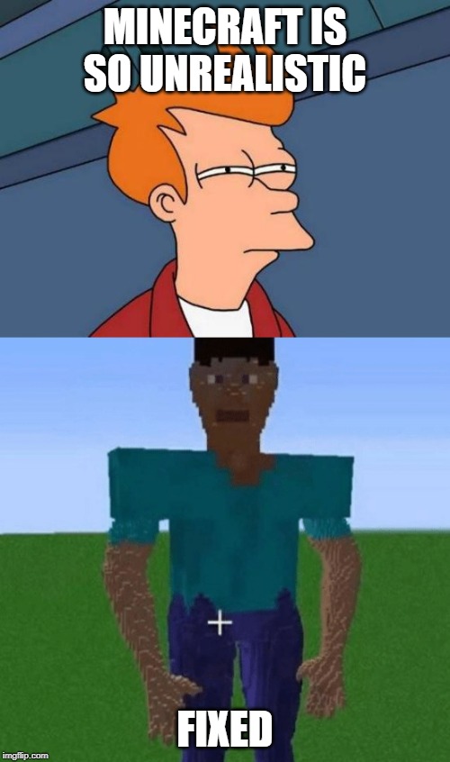 realist | MINECRAFT IS SO UNREALISTIC; FIXED | image tagged in memes,futurama fry,minecraft,gaming | made w/ Imgflip meme maker