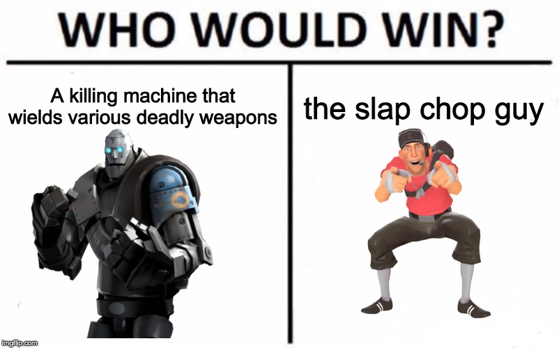 Who Would Win? | A killing machine that wields various deadly weapons; the slap chop guy | image tagged in memes,who would win | made w/ Imgflip meme maker