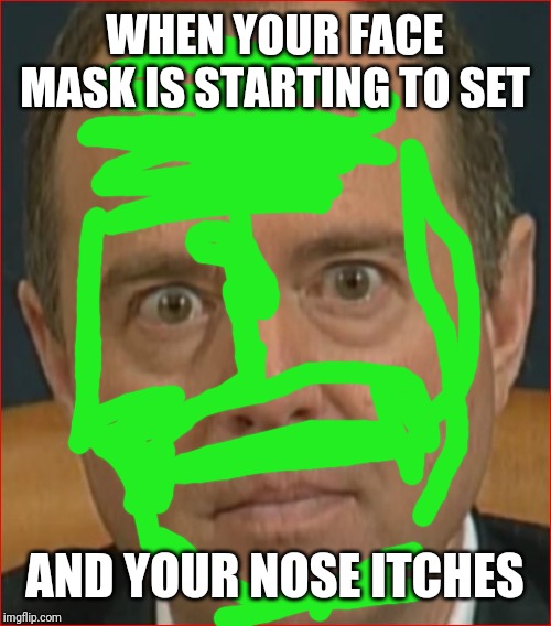 Every. Single. Time. | WHEN YOUR FACE MASK IS STARTING TO SET; AND YOUR NOSE ITCHES | image tagged in adam schiff,facial expressions,face mask,itch,girl problems,memes | made w/ Imgflip meme maker