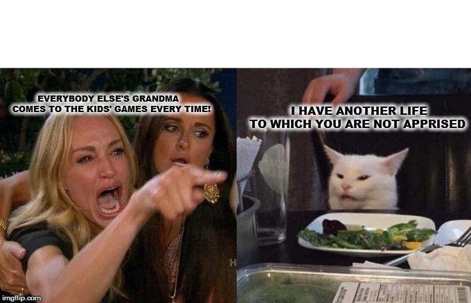 Woman Yelling At Cat Meme | EVERYBODY ELSE'S GRANDMA 
COMES TO THE KIDS' GAMES EVERY TIME! I HAVE ANOTHER LIFE 
TO WHICH YOU ARE NOT APPRISED | image tagged in memes,woman yelling at cat | made w/ Imgflip meme maker
