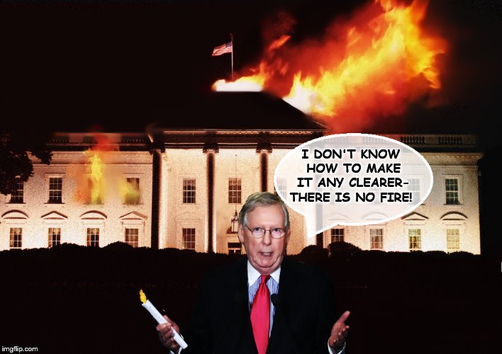 Fire Starter | I DON'T KNOW
 HOW TO MAKE
 IT ANY CLEARER-
THERE IS NO FIRE! | image tagged in mitch mcconnell,traitor,impeach trump,turtle,white house | made w/ Imgflip meme maker
