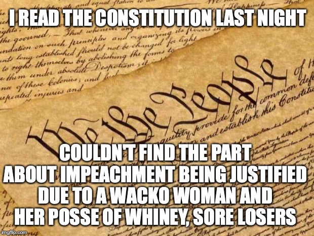 The founders would not have liked Pelosi | I READ THE CONSTITUTION LAST NIGHT; COULDN'T FIND THE PART ABOUT IMPEACHMENT BEING JUSTIFIED DUE TO A WACKO WOMAN AND HER POSSE OF WHINEY, SORE LOSERS | image tagged in constitution,nancy pelosi wtf | made w/ Imgflip meme maker