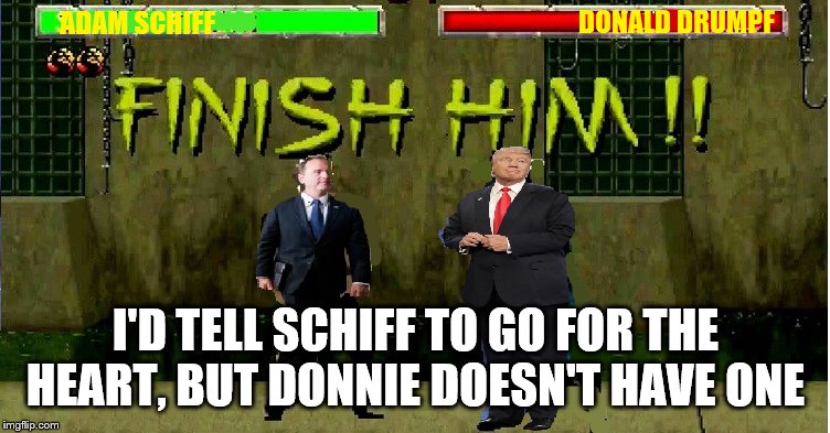 Mortal Kombat Trump | I'D TELL SCHIFF TO GO FOR THE HEART, BUT DONNIE DOESN'T HAVE ONE | image tagged in mortal kombat trump | made w/ Imgflip meme maker