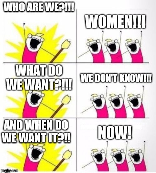 Who are we | WOMEN!!! WHO ARE WE?!!! WHAT DO WE WANT?!!! WE DON'T KNOW!!! AND WHEN DO WE WANT IT?!! NOW! | image tagged in who are we | made w/ Imgflip meme maker