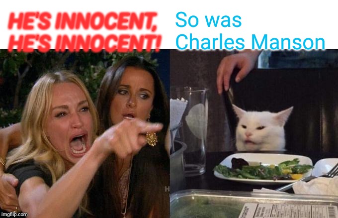 Woman Yelling At Cat Meme | HE'S INNOCENT, HE'S INNOCENT! So was Charles Manson | image tagged in memes,woman yelling at cat | made w/ Imgflip meme maker